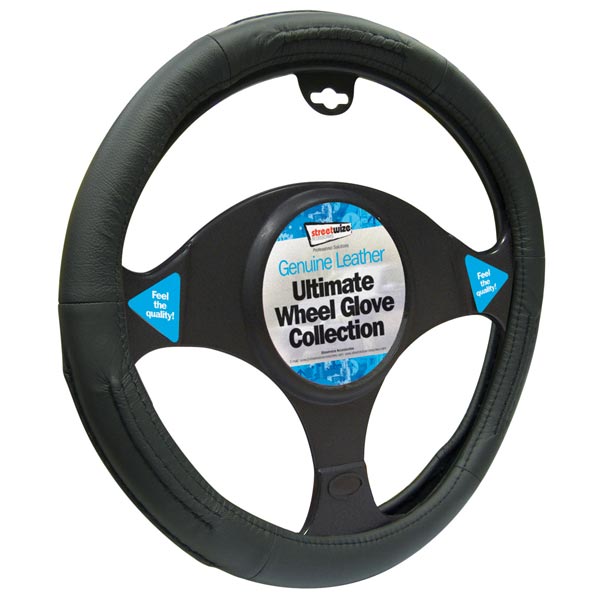 Streetwize Luxury Steering Wheel Cover All Black Leather Universal - Fortwo up to 07